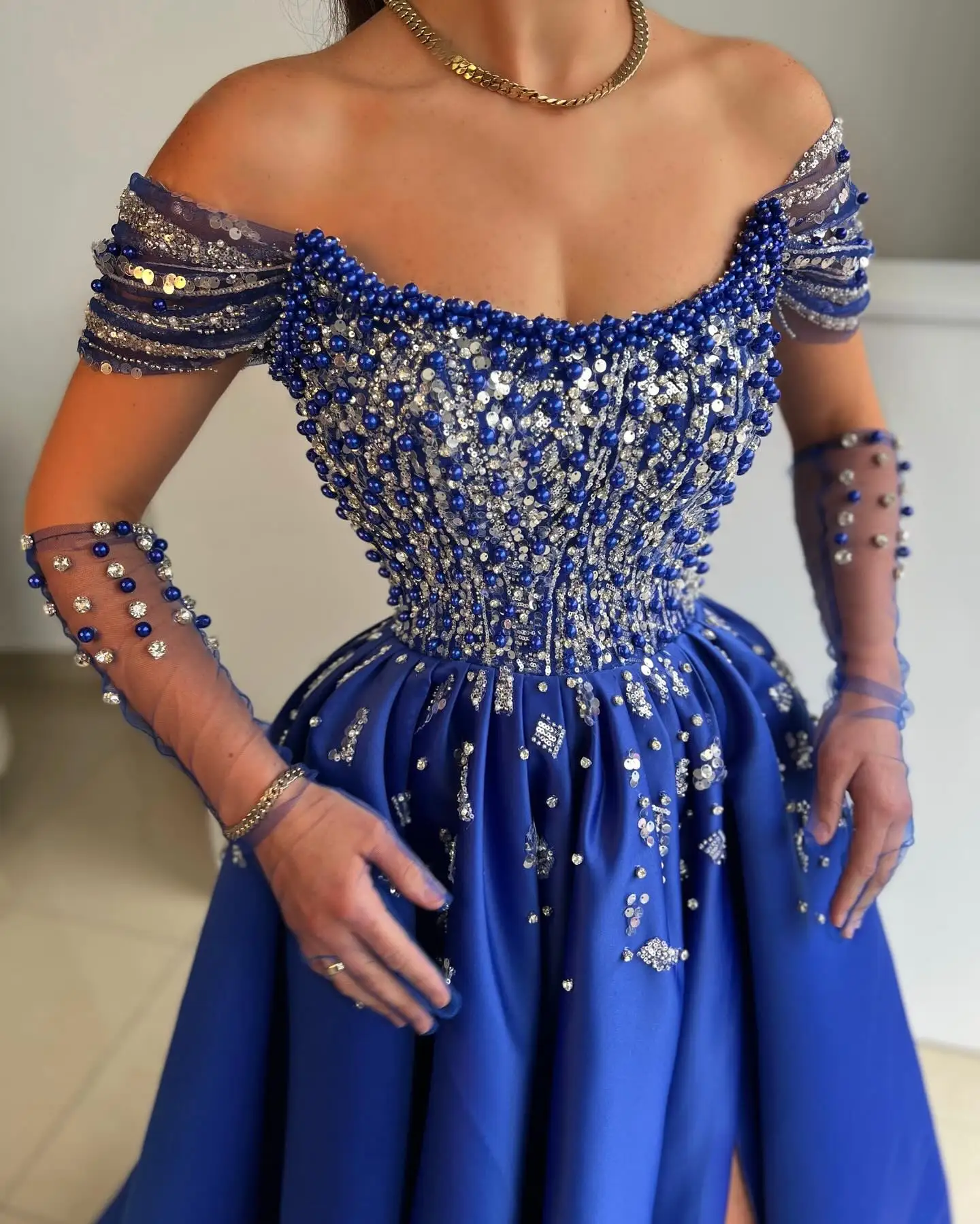 Royal Blue Satin Prom Dresses Long for Women 2025 Side Slit A Line Off the Shoulder Pearls Formal Evening Gowns Customized