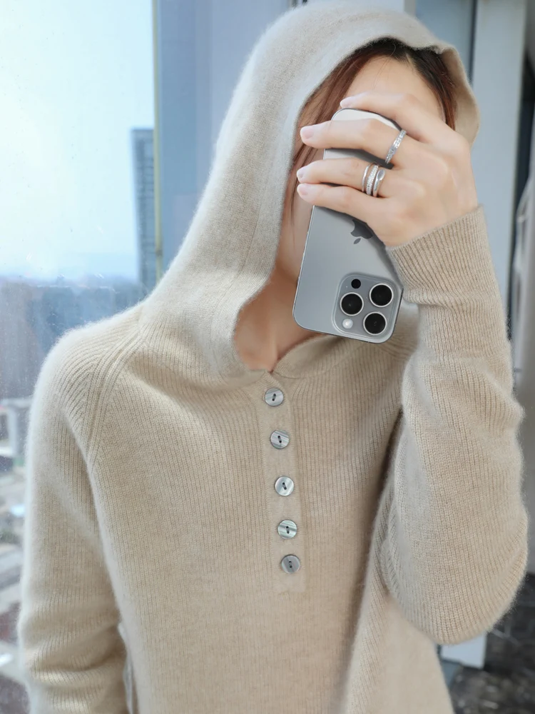 Classic Autumn Winter Women Wool Sweater Hooded Solid Knitwear Merino Wool Button Jumper Casual Soft Thick Cashmere Pullover