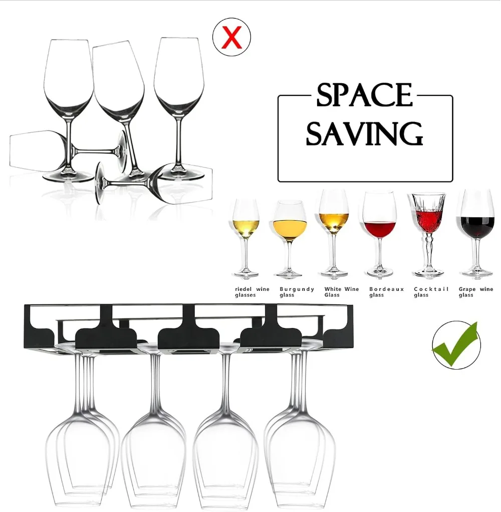 Under Cabinet Wine Glass Rack Holder, Metal Storage Hanger for Stemware in Kitchen Bar, Black 4 Rows 2 Packs