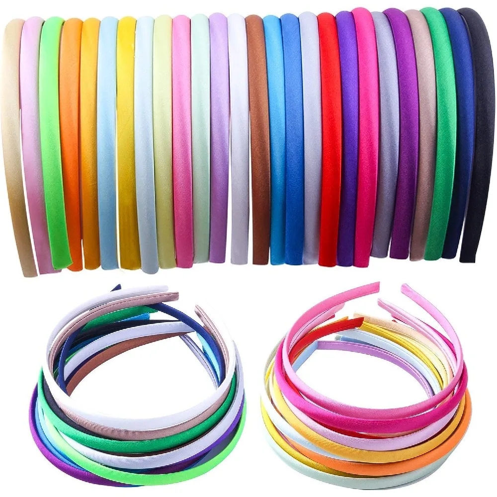 5 Pack 1cm Wide Candy Color Satin Headbands, Solid Plain Thin Fabric Hair Bands, Non Slip Soft Stretchy Hair Hoops for Women Girls Daily Makeup Washing Face Sports Hairstyle Matching