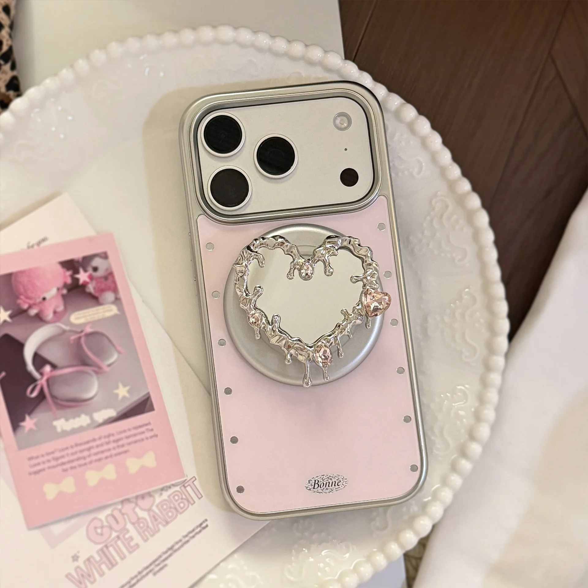 Electroplated Gilt Mirror Magnetic Phone Case for IPhone 17 Pro Max/16/15/14 Stylish Design with Suction Bracket Pink Love Heart