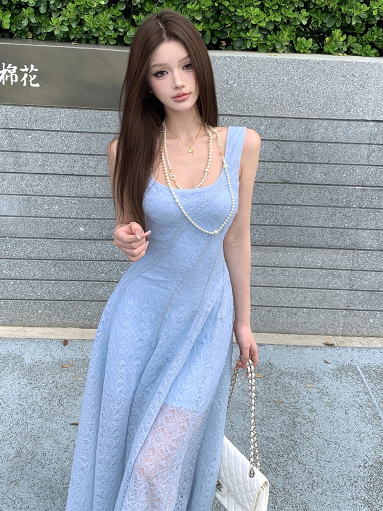 Women Vacation Clothes Sweet Blue Sheer Sexy Tank Slim Maxi Long A-Line Dress Elegant Lady Fashion Party Prom Vestidos Robe New