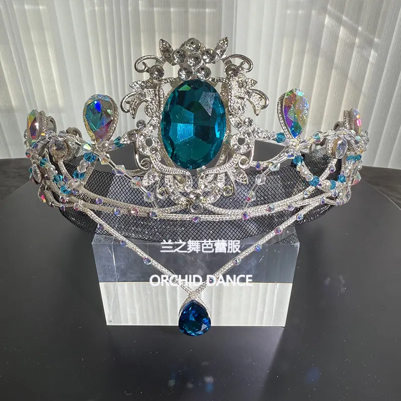 Ballet crown headpiece decorated with oval blue gem scroll pattern tiara with water drop forehead pendant for ballet character s
