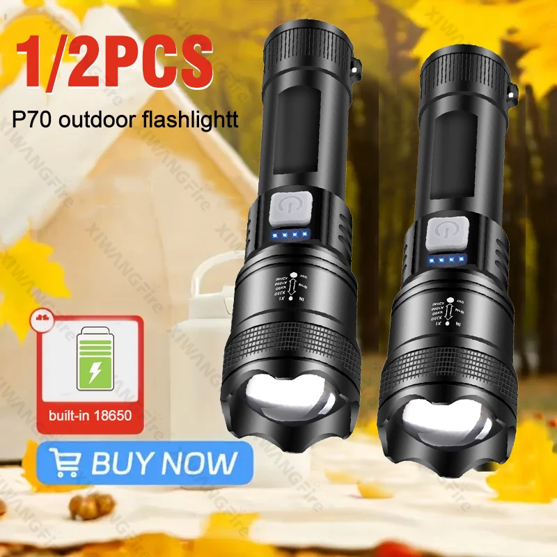 Powerful P50/P70 Led Flashlights Outdoor Ultra Bright Tactical Light Emergency Spotlights Telescopic Zoom Light Built-in Battery