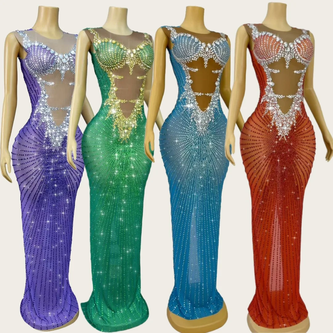 

Luxury High-end Tight Fitting Evening Gown Brilliant Sparkly Crystals Sheer Mesh Long Dresses Party Prom Women Couture Chijin