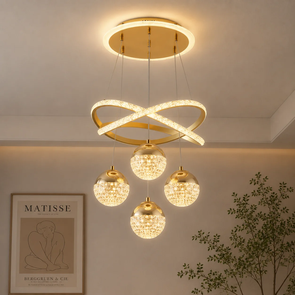 Modern Three-Color Variable-Light LED Circular Pendant Lamp with Spherical Pendant, Luxurious Suspended Ceiling Lighting, Suitable for Living Rooms, Dining Rooms, and Bedrooms.