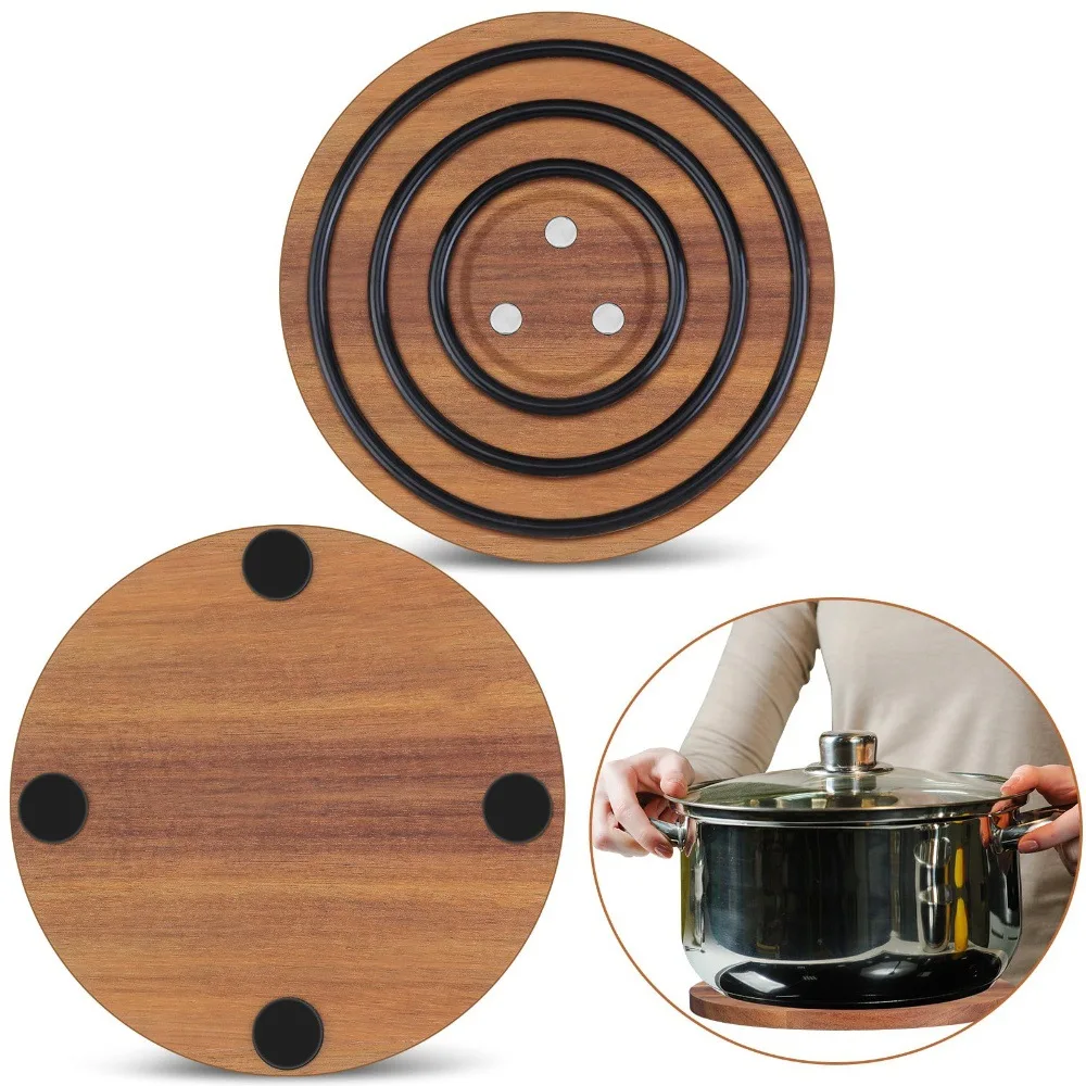 

Magnetic Wooden Pot Coaster, Round Heat Resistant Mat for Kitchen, Table Protector for Hot Pots Pans Dishes