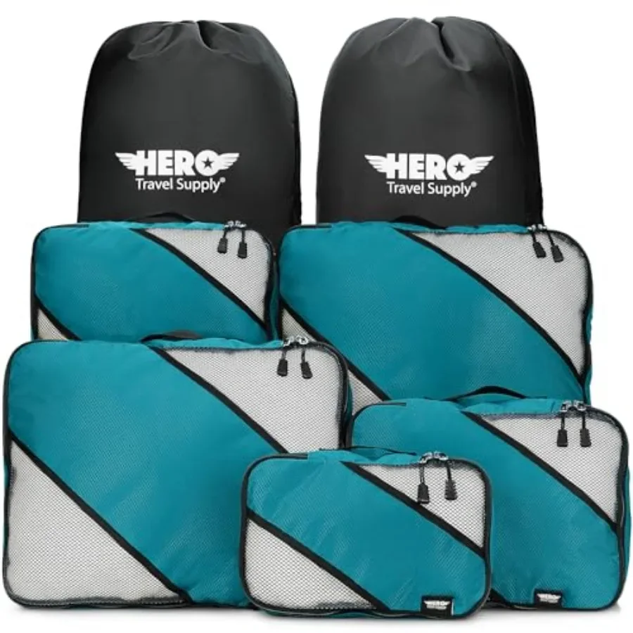 

Travel packing cubes set of 5 with 2 laundry bags, nylon fabric, black color, lightweight and compressible for carry-on, airpla