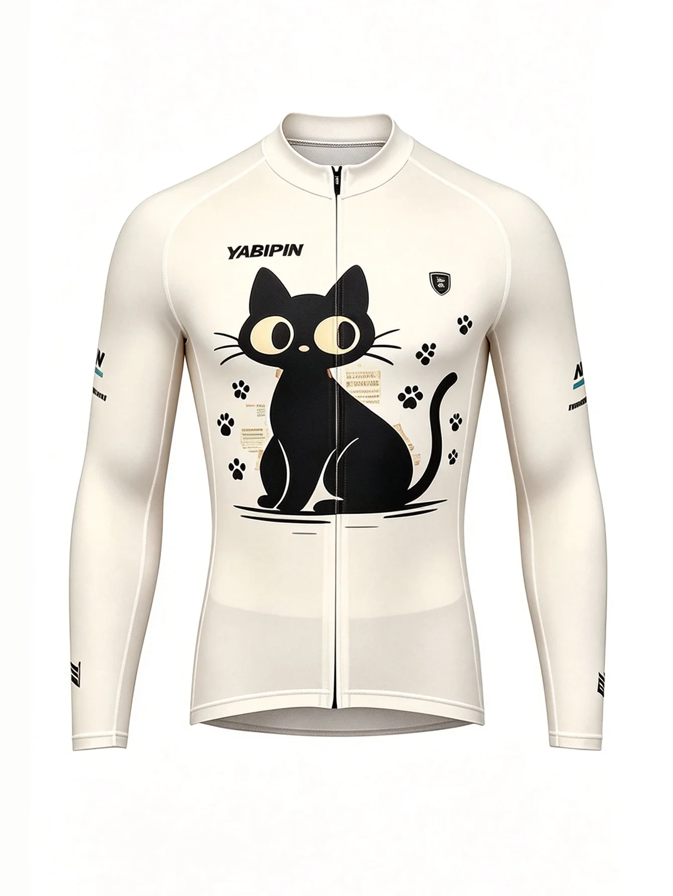 New Men's Long Sleeve Bike Jersey White Base With Twin Black Cat Pattern Slim Fit Quick Dry Cycling Top Maillot De Ciclismo