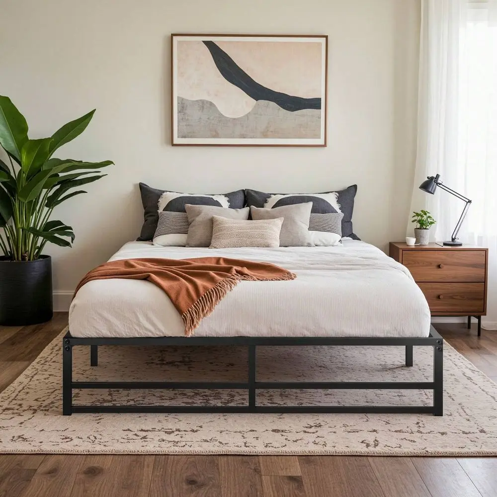 

Twin Full Queen King Metal Bed Frame, Stable Mattress Foundation, Reinforced Structure, Headboard Compatible, No Box Spring Need