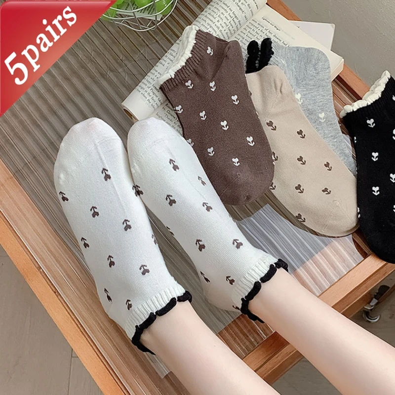 5 Pairs Ladies' Socks Set Edge Curl Flower Print Simple Japanese Cute Kawaii Ankle Socks Anti Odor Comfortable Cotton Socks