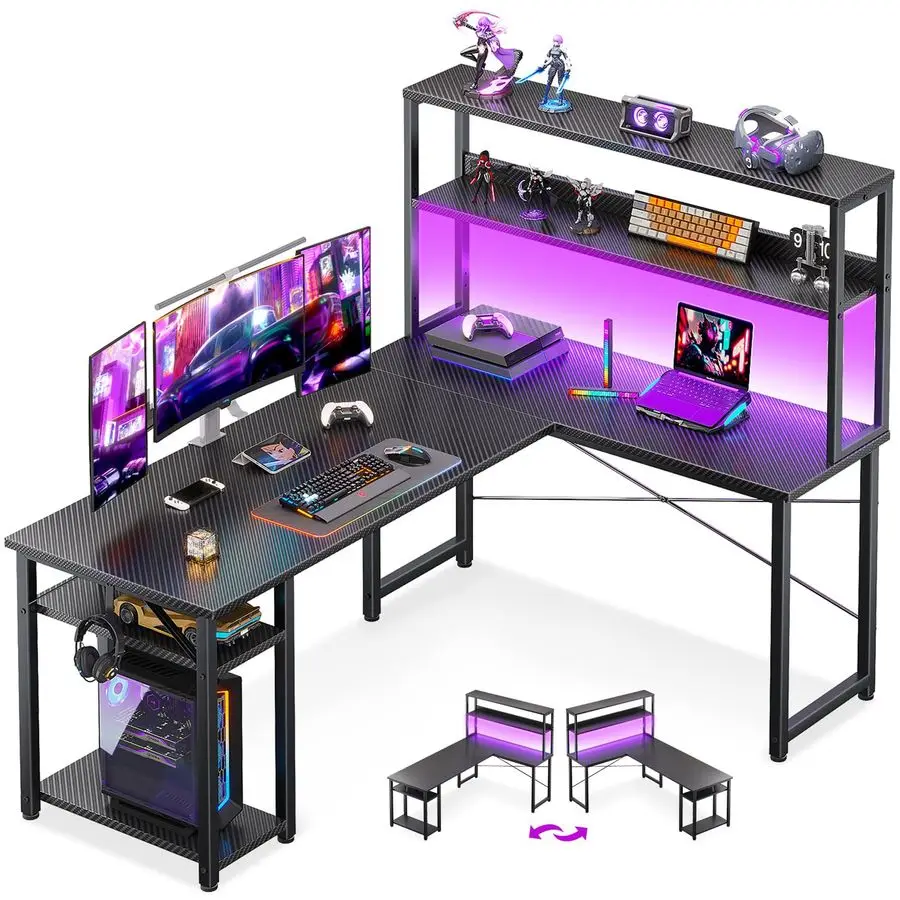 

53 L Shaped Gaming Desk with Hutch amp Headphone Hook, Corner Computer Table with Storage Shelves for Home Office, Black