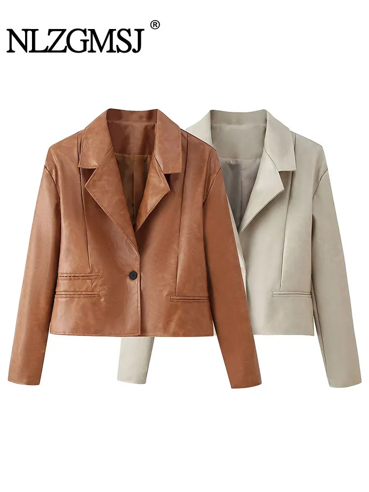 

NLZGMSJ 2025 винтажная женская куртка из искусственной кожи с одной пряжкой, осенние тонкие мотоциклетные куртки, пальто Y2K