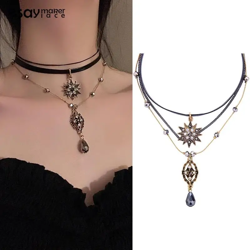 Vintage Layered Strap Multi Layered Necklace Women's Collar Chain Bohemian Crystal Long Chain Pendant Jewelry Gift