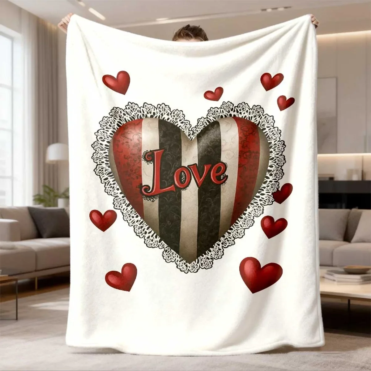 Black Base Red Heart Love Print Throw Blanket for Sofa Bedroom Office Daily Use Birthday Anniversary Warm Mood Theme Souvenir