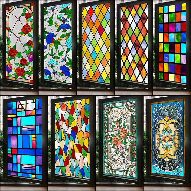 Stained Glass Window Film, Window Privacy Films, Colorful Lattice Window Tint, Rainbow Glass Decals for Home Anti UV 50 x 100 cm