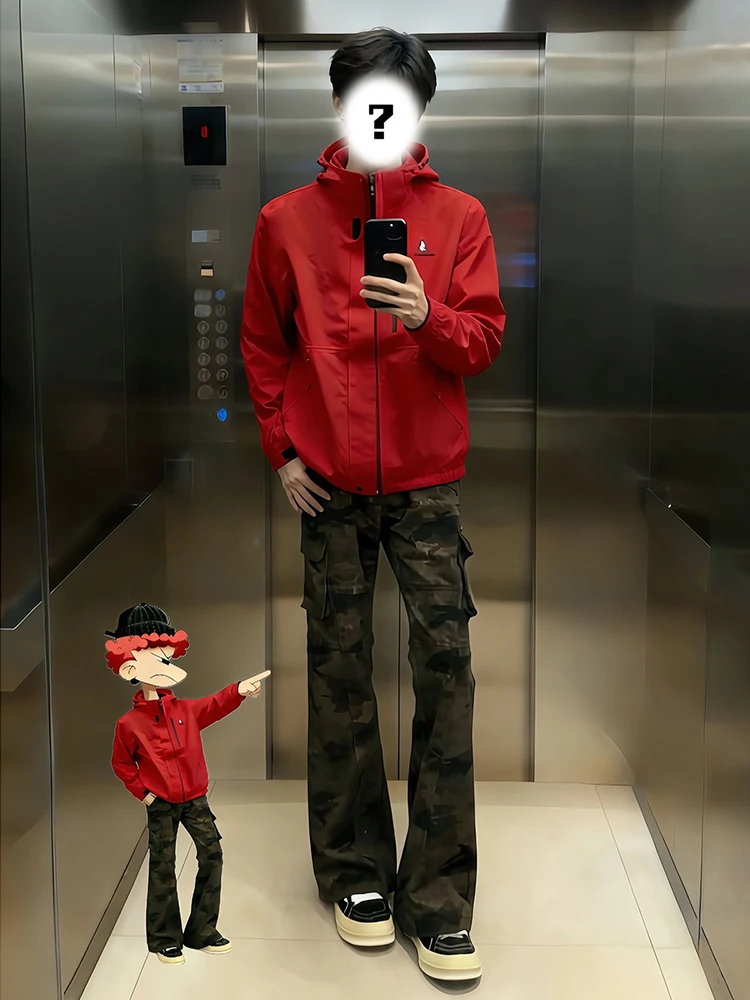 

American High Street Camouflage Fce Lined Slim Fit Straight Leg Jeans Men's OOTD Matching Thiened Bell Bot