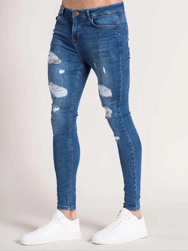 2024 Lente Herfst Dagelijkse Casual Jeans Gescheurde Effen Kleur Strakke Stretch Broek Fietsen Mannen Sport Jeans Street Fashion Heren Kleding