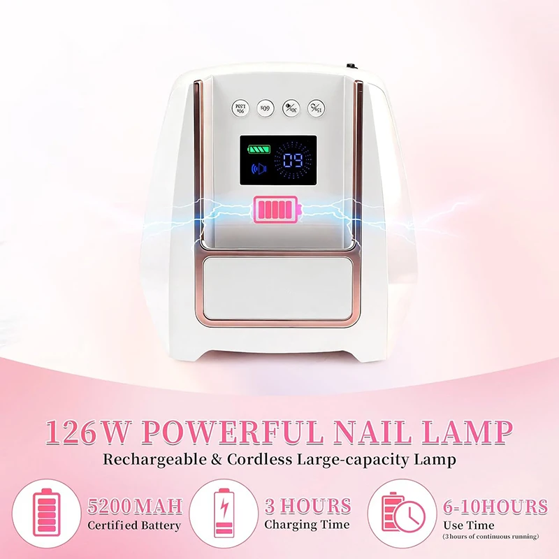 Woobela 126W Rechargeable Nail Lamp with Handle Wireless Gel Polish Dryer Manicure Machine Cordless Nail UV LED Lamp