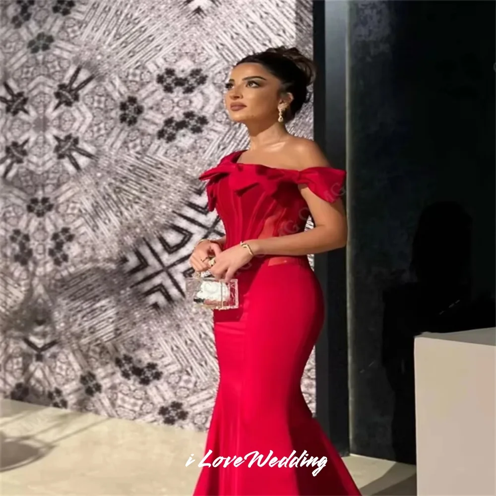 

Red Off Shoulder Evening Dresses 2025 Satin Bow Mermaid Fold Prom Dresses Floor-length Corset Wedding Guest Dresses Customized