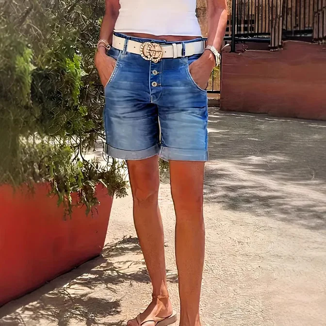 Summer Women's Elastic High-Waisted Jeans Shorts Retro Button Denim Rolled Hem Mid-Length Pants view 3