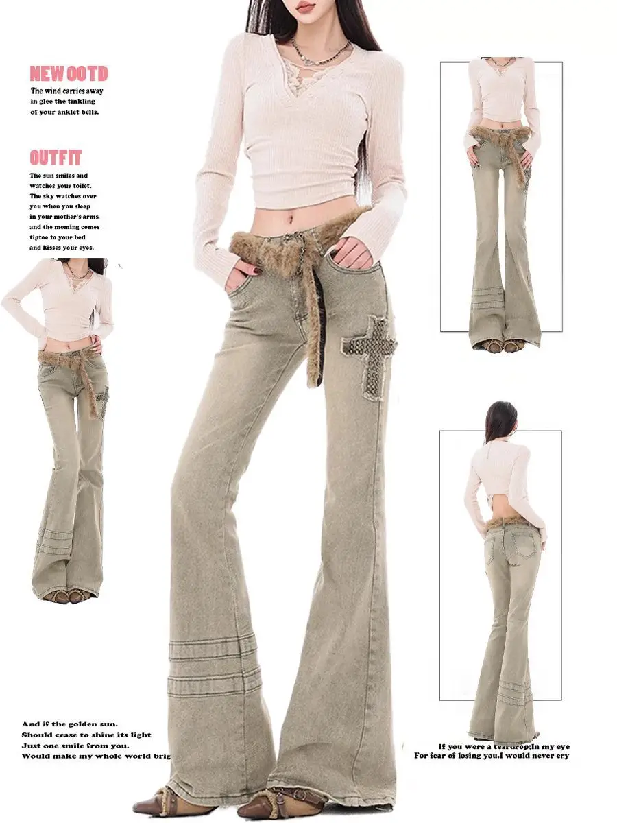 

Высокие женские удлиненные джинсы — американские винтажные расклешенные брюки с заклепками и крестом, расклешенные брюки Y2K Hot Girl Horse Hoof Bell Bottoms, Spring Su