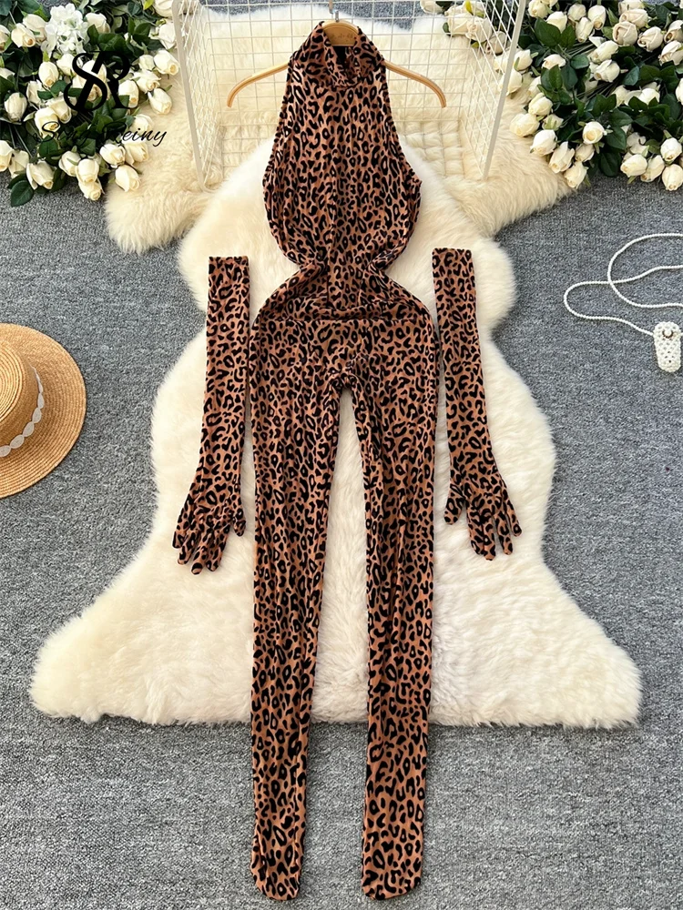 SINGREINY Fashion Leopard Print Sexy Jumpsuits Ladies Stand Collar Long Gloves Korean Streetwear Sheath Flocking Long Playsuits