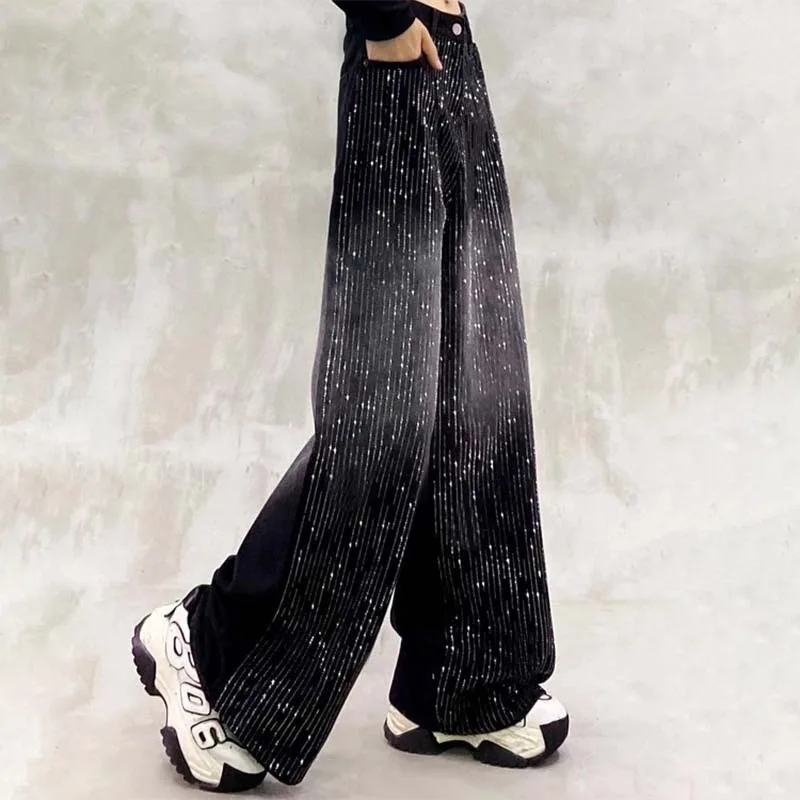 جينز أنيق بحجر الراين للنساء سروال Y2k فضفاض عالي الخصر مستقيم سروال أمريكا موضة النساء Y2k ملابس جينز دينم #5