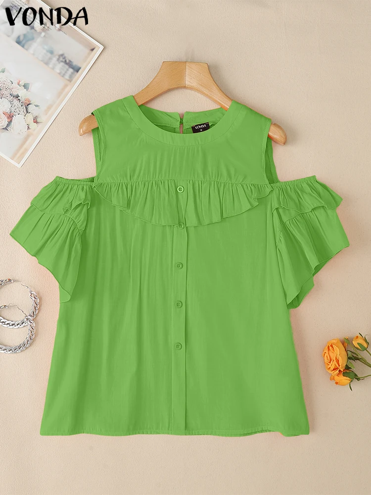 VONDA Summer Short Sleeeve Tops Tee Women Blouses Ruffles Shirt O Neck Tunic Solid Party Streetwear Off Shoulder Female Blusas