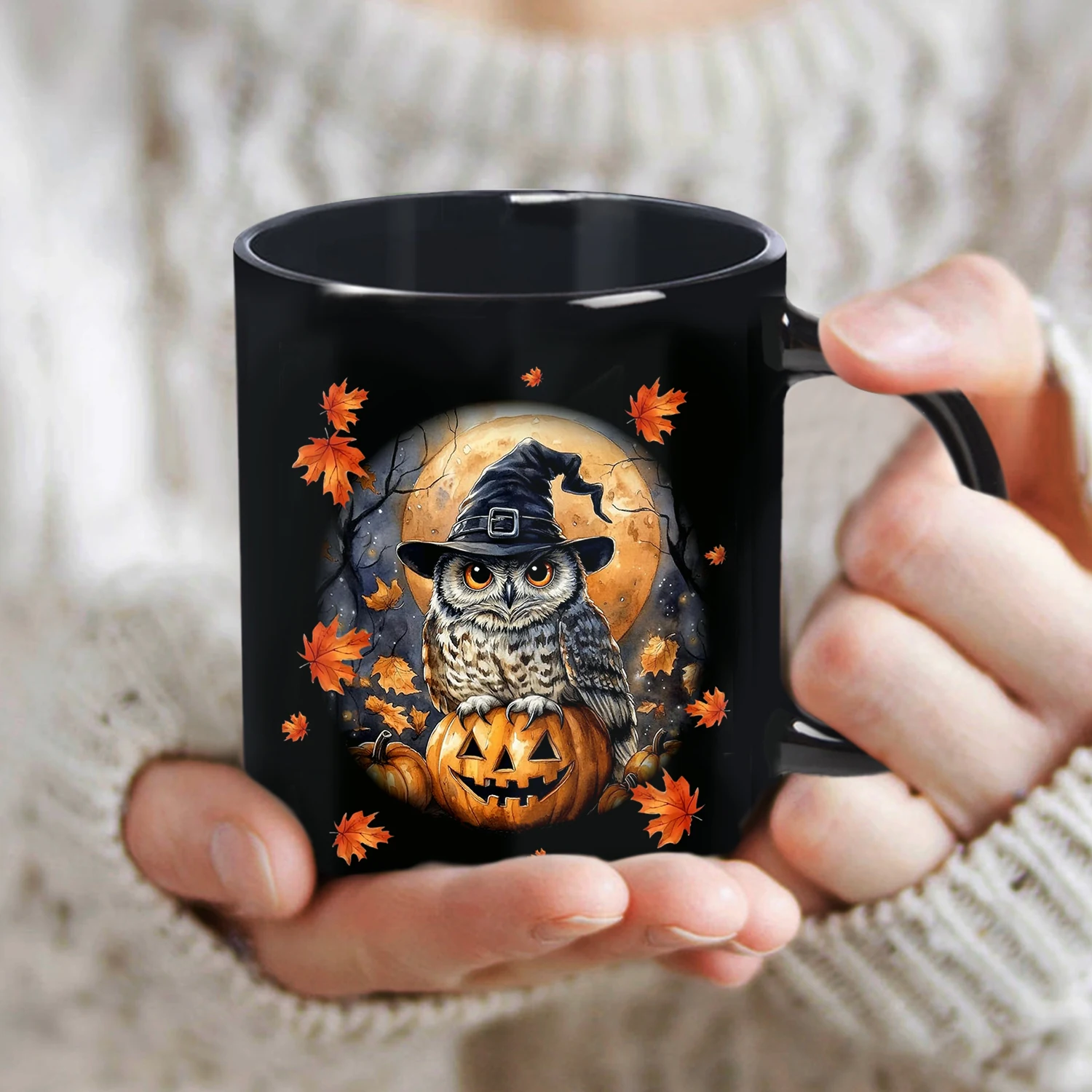 1pc,Owl Witch and Pumpkin Halloween Mug,maple leaves 11oz Ceramic Coffee Cups, Novelty Halloween Gifts (Black)