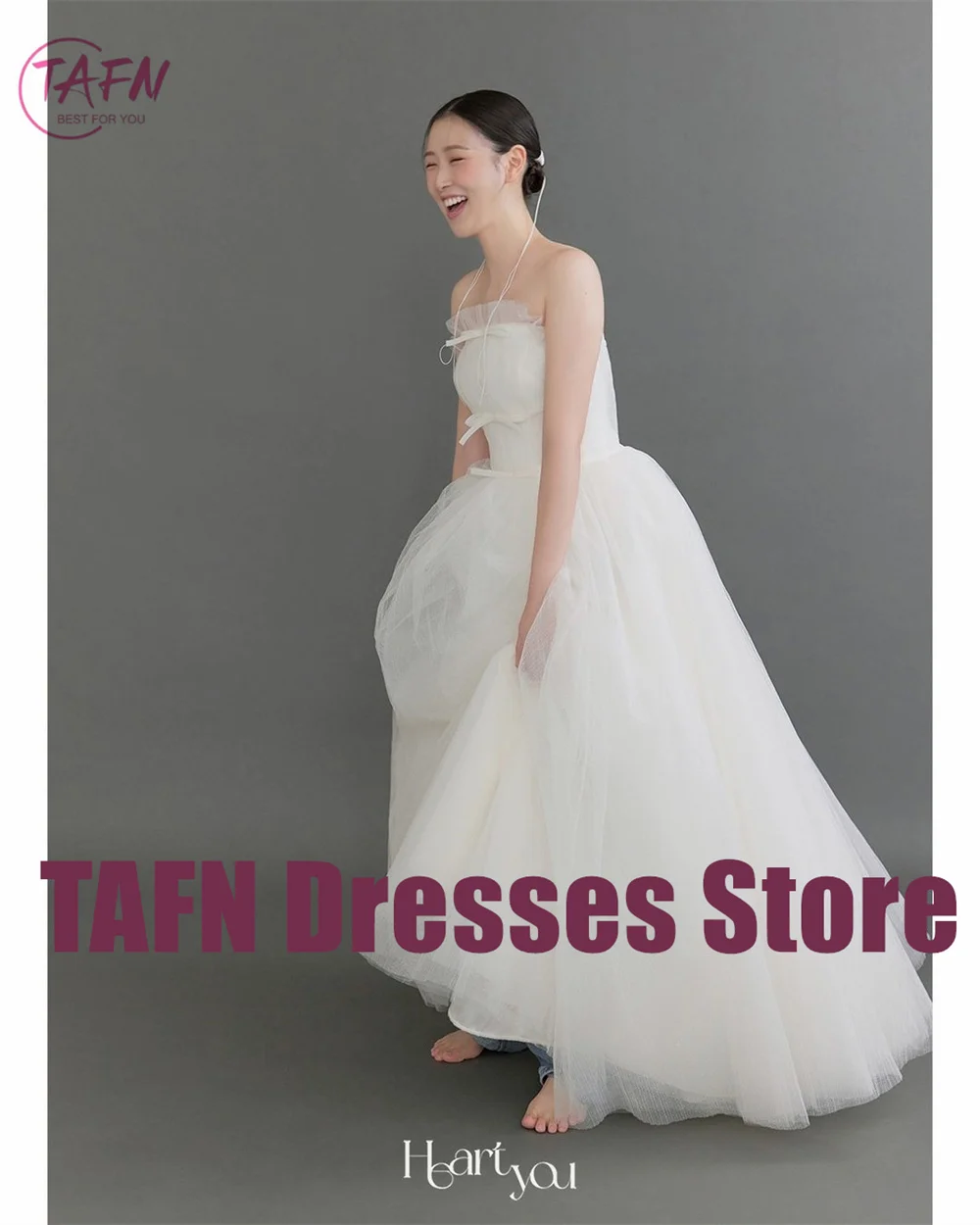 TAFN Korea A-line Elegant Wedding Dresses Strapless Bow Sleeveless Bridal Gowns Tulle Photo Shoot Dress for Bride Custom Made