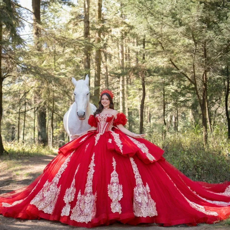 

Red Quinceanera Dresses Off the Shoulder Golden Glitter Decal Layering Long tail Bow Vestidoe 15 Quinceanera Customize