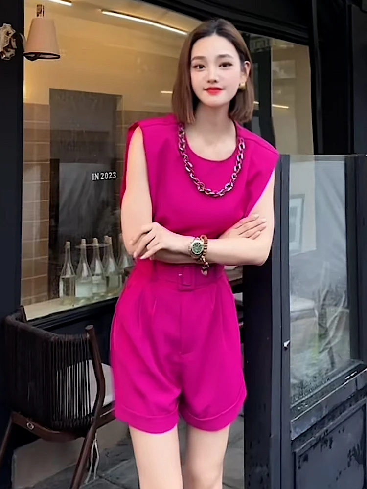 

Комплект из двух предметов: розовый свободный топ с круглым вырезом и брюки, женский повседневный спортивный костюм из смесового хлопка, с эффектом похудения