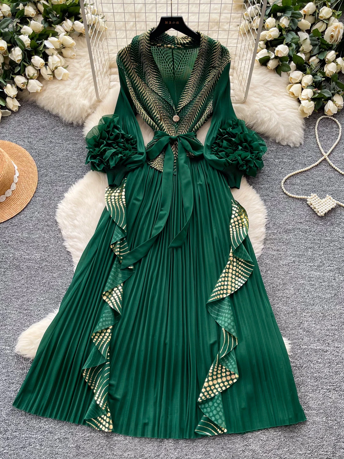 

Ретро-платье женское с плиссировкой и 3D-цветами, с длинным рукавом, воротником-стойкой, А-силуэт, для офиса, из полиэстера, с присборенной талией