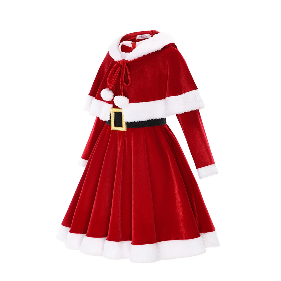 Christmas Dress Girl For Carnival Party 2 Piece Dress+Cloak Cute Bunny Ear Red Velvet Santa Claus Costume Long Sleeve Elk Xmas