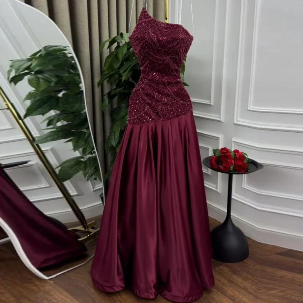 

Индивидуальные бордовые вечерние платья русалки с блестками без бретелек из бисера Вечернее платье для выпускного вечера Плиссированное атласное платье для свадебного гостя