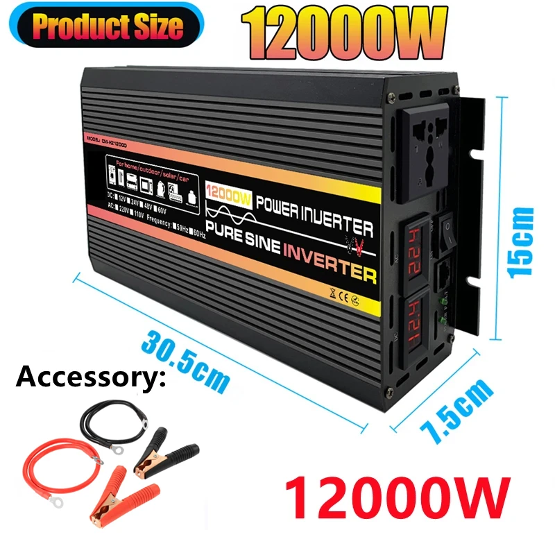 Inversor de potencia de onda sinusoidal pura de 10000W y 12000W, transformador de voltaje inversor Solar para coche, inversor de CC12/24/48V a CA 220V con Control