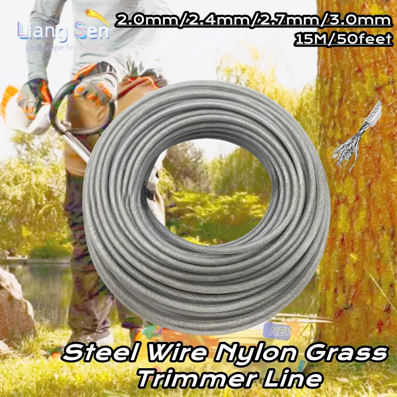 Aço e Fio de Nylon para Trimmer Corda Linha Strimmer Cortador de Escova Longo Rolo Redondo Substituição de Grama Cerca de 15m 2.0 mm 2.4 mm 2.7 mm 3.0 mm
