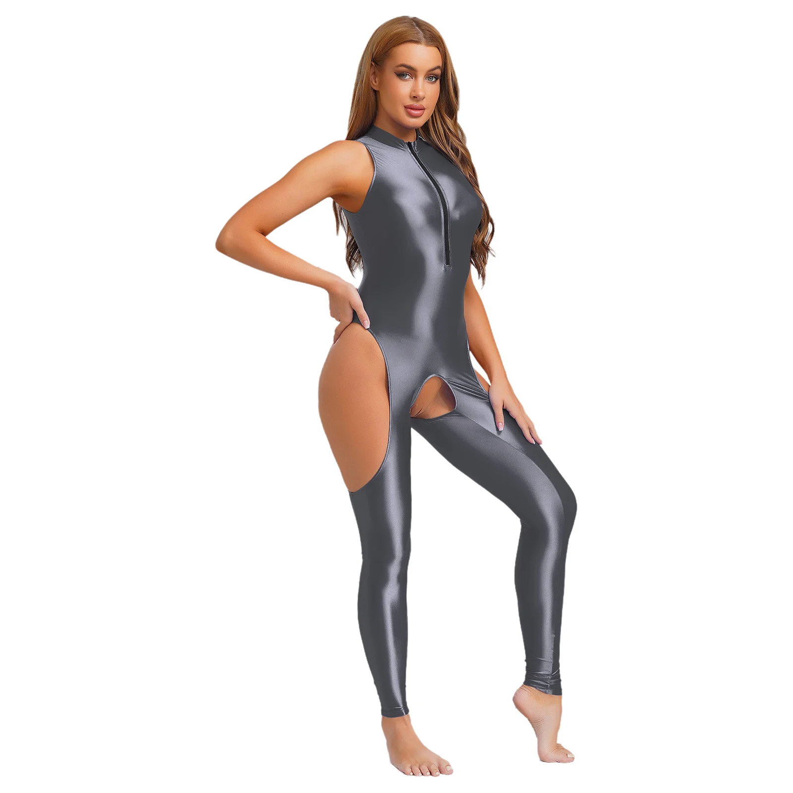 

Женский сексуальный глянцевый комбинезон для йоги без рукавов на молнии спереди с открытой промежностью и вырезами до бедра, боди, леггинсы, комбинезон, нижнее белье, пижамы