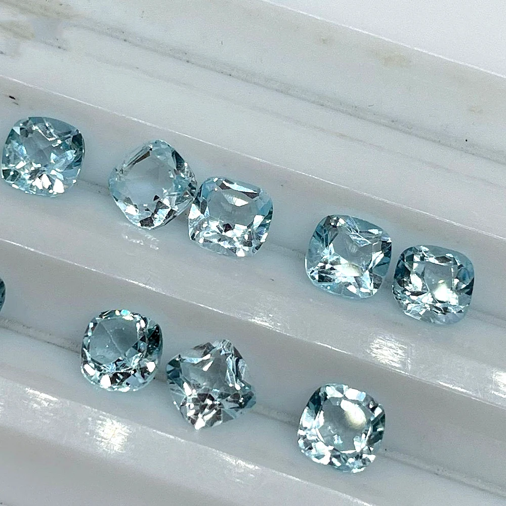 

5pcs Cushion Shape 8x8mm-10x10mm Semi-precious Stone Eye Clear Authentic Natural Skyblue Topaz Facet Loose Gemstones For Jewelry
