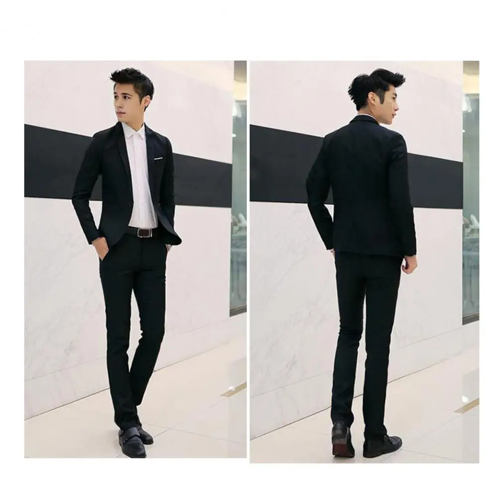 

Men Suit Coat Pants Set Slim Fit Men's Suit Set Lapel Coat Mid-rise Pants Solid Color Workwear with Neat Shoulder Lines Men Suit