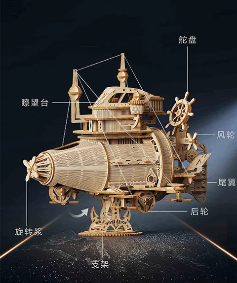 Wooden DIY assembled toy pirate ship 3D puzzle carousel Ferris wheel pumpkin cart ocean sailing model