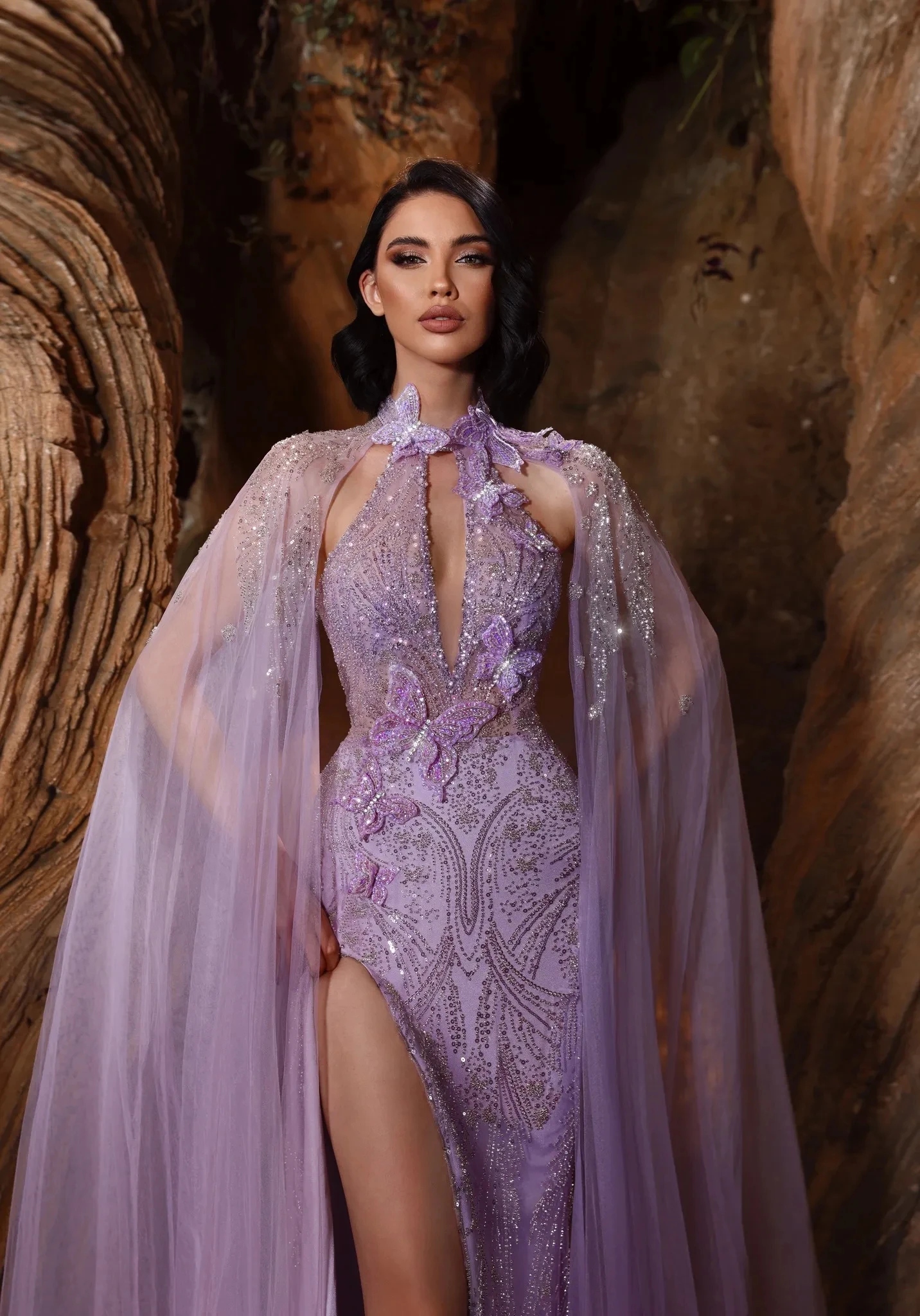 2024 Couture Lilac Beaded Prom Dresses with Cap Long Sleeves Exquisite Embroidery Lace Arabic Formal Dress فساتين للحفلات الراقص