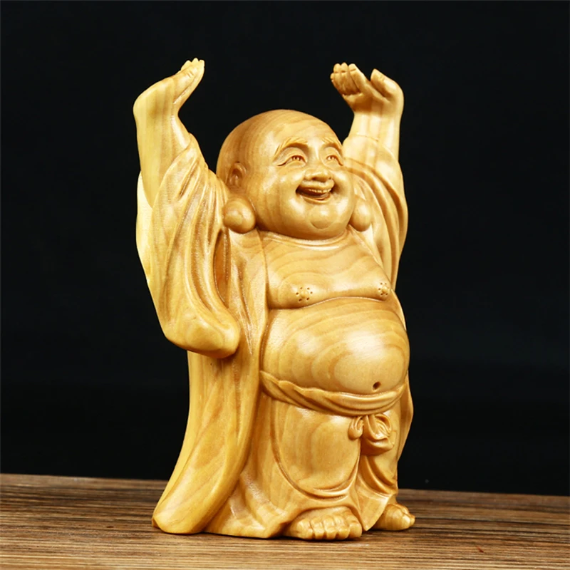 6.8*4.5*10cm Yellow Boxwood Exquisite Carving Smile Maitreya Buddha Statue Figurine Decorate Putting Ornaments