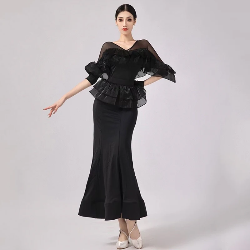 Ballroom Dance Dress Black Ruffled Tops Skirt Women Waltz Dance Performance Costume Adult Practice Competition Clothing BL12102