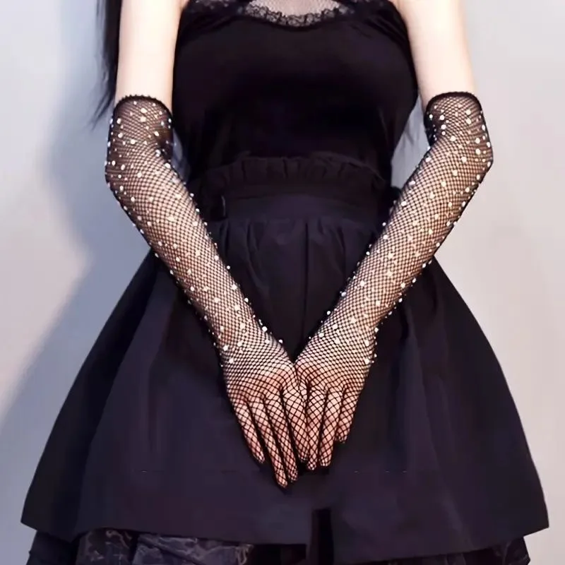 European and American Fashion Flash Diamond Mesh Bouncing Retro Mesh Black Elastic Colored Diamond Long Gloves