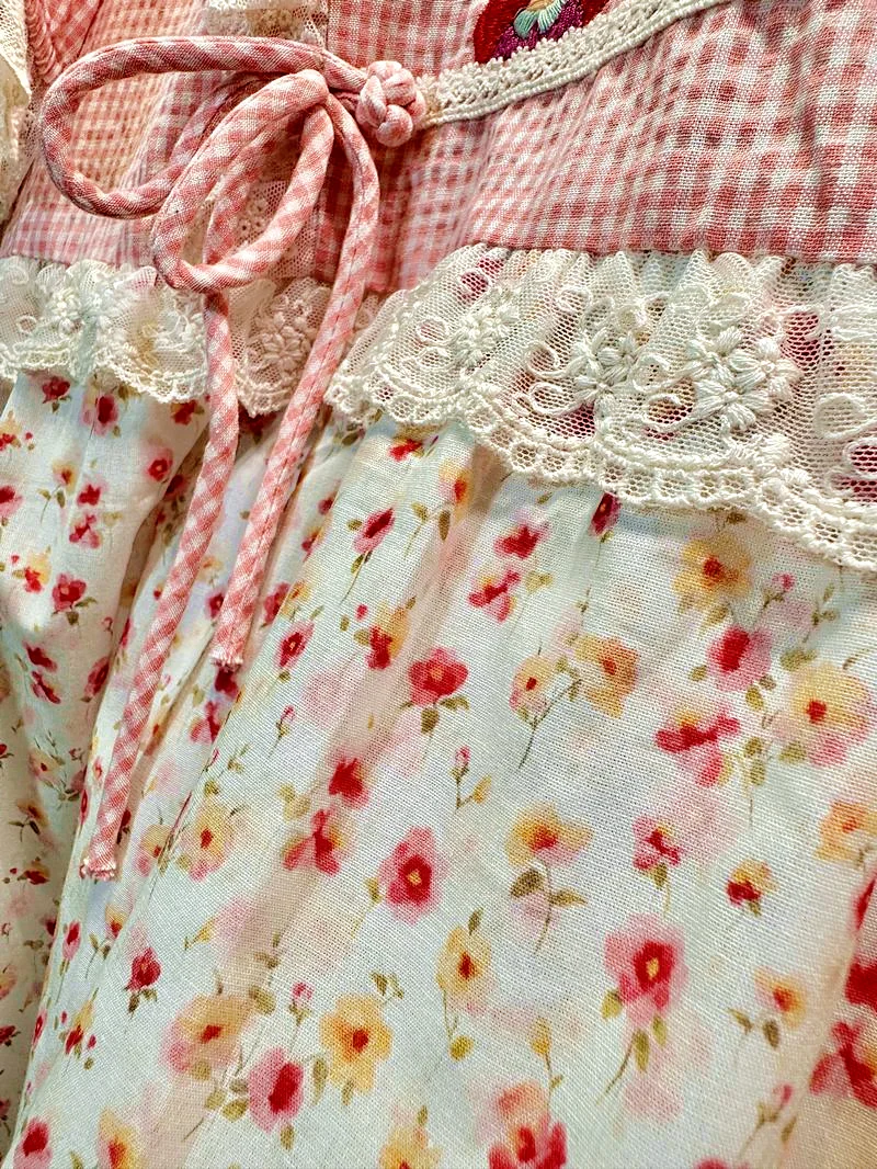 여름 코튼 패치 워크 격자 무늬 프릴 레이스 스위트 로리타 카와이 여성용 귀여운 블라우스 코티지 코어 모리 걸 한국 탑 셔츠