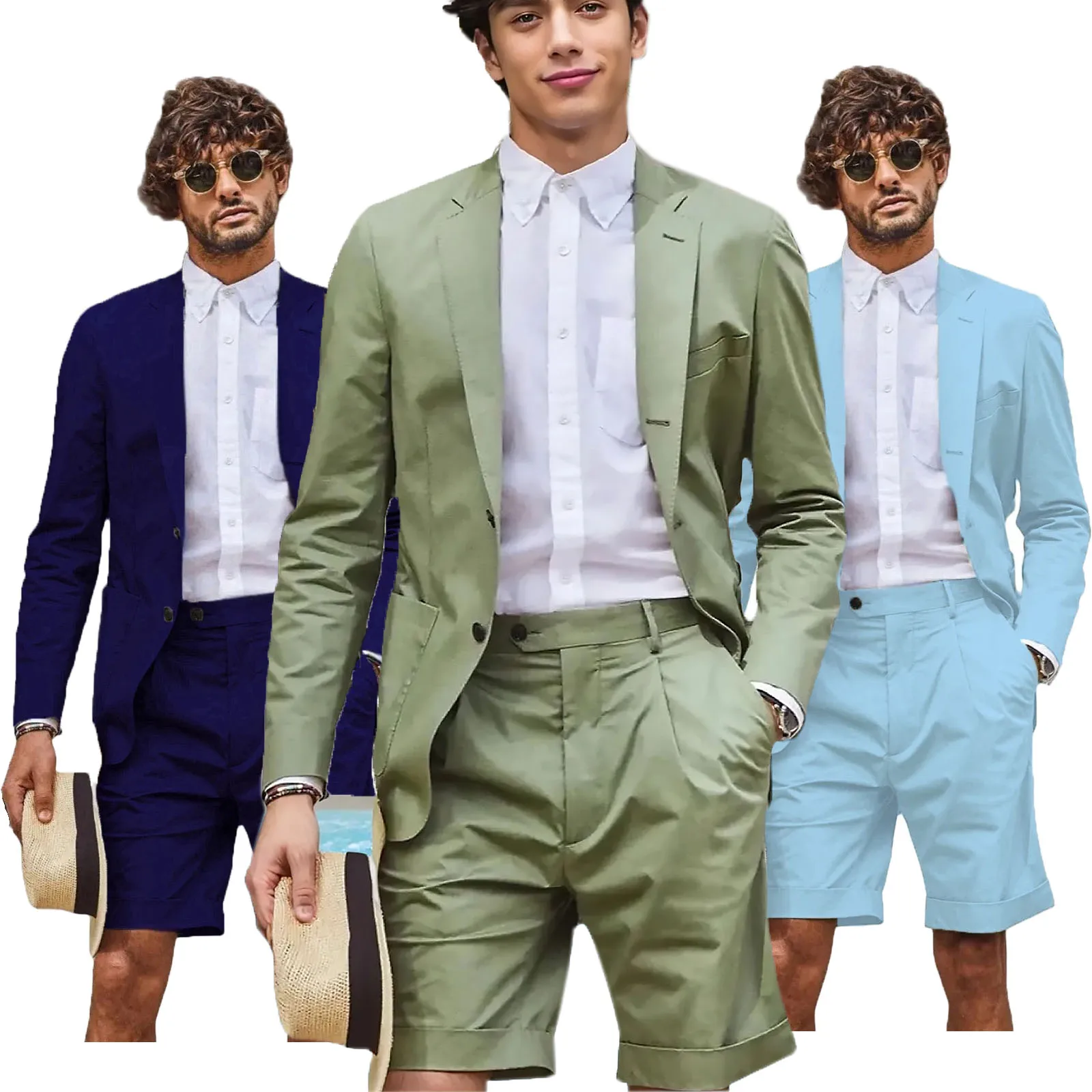 

Summer Beach Suit Shorts Set 2 Pieces Slim Jacket For Men Fashion Single Breasted Notch Lapel Travel Wedding Business Casual