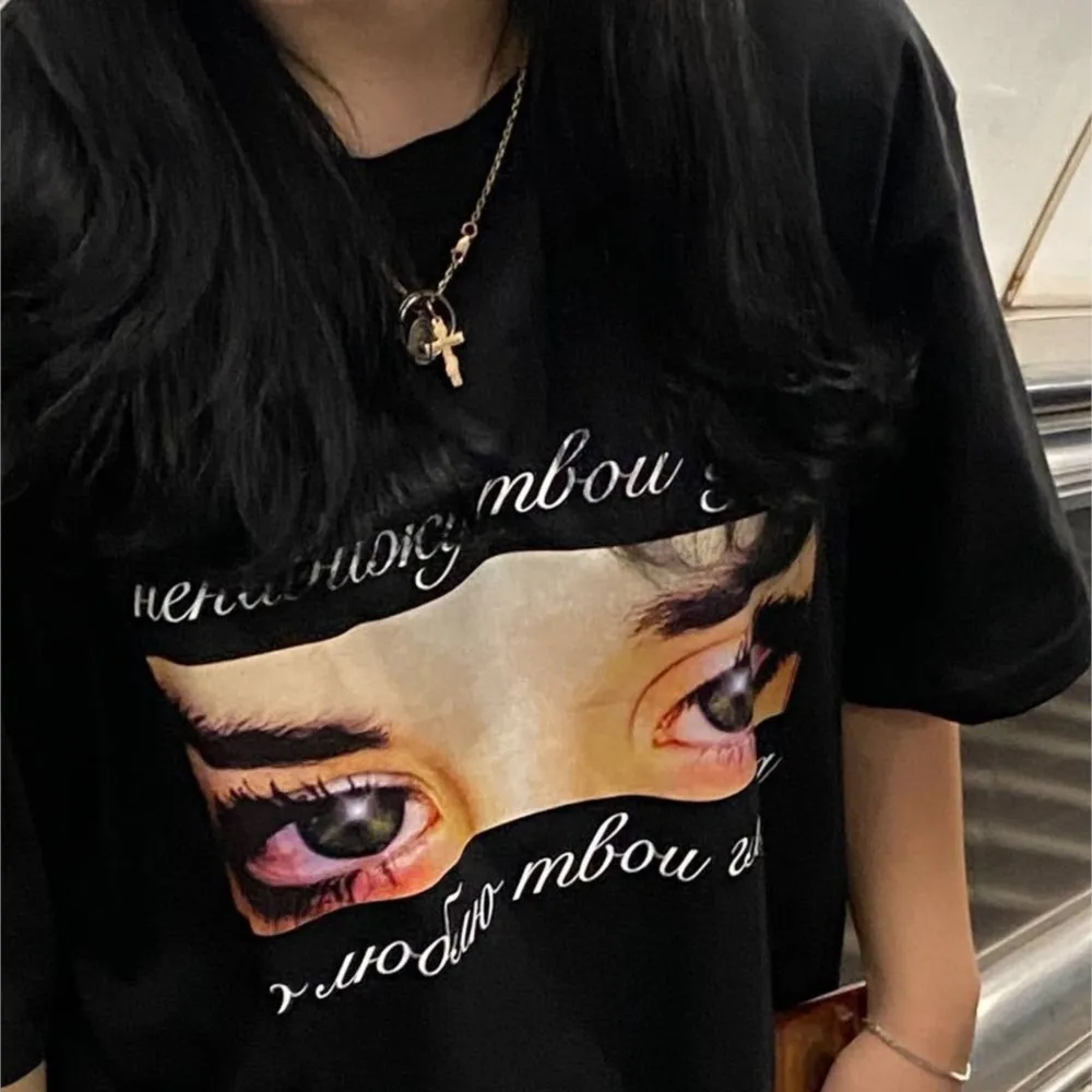 Harajuku Oversized Streetwear Men Clothing Eyes Graphic Print Tshirt Cotton Hip Hop Aesthetic Short Sleeve Tops Goth Y2k Fashion