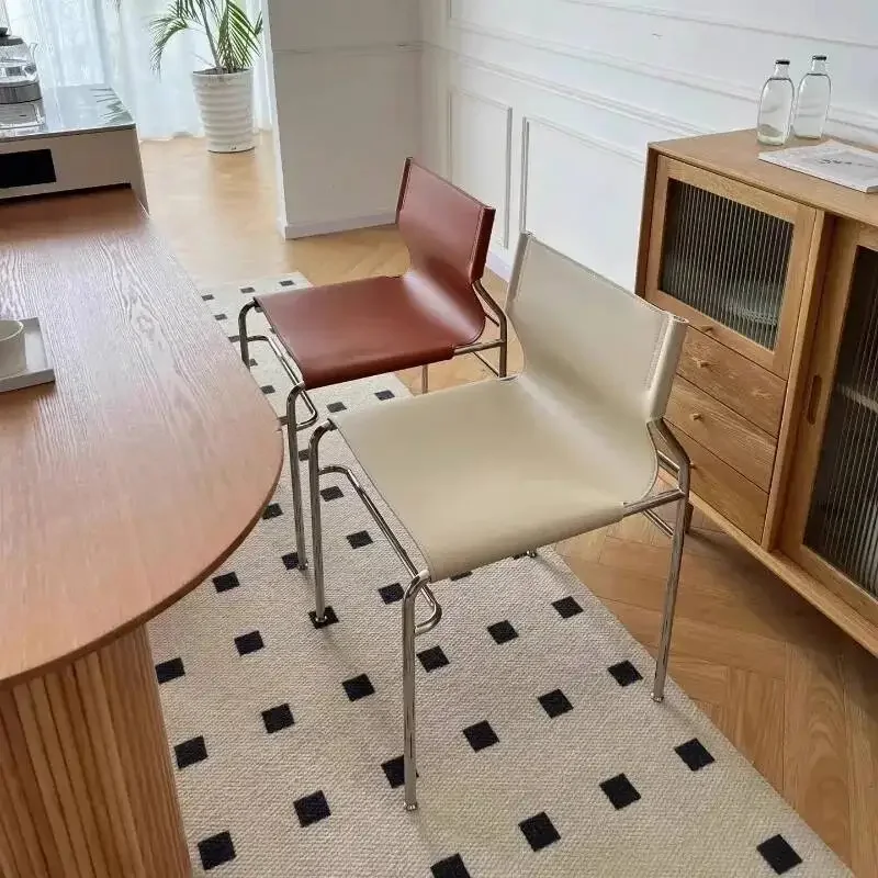 Modern Retro Dining Chair With Leather Upholstery & Chrome Metal Frame Accent Chair For Dining Room Living Room Home Furniture